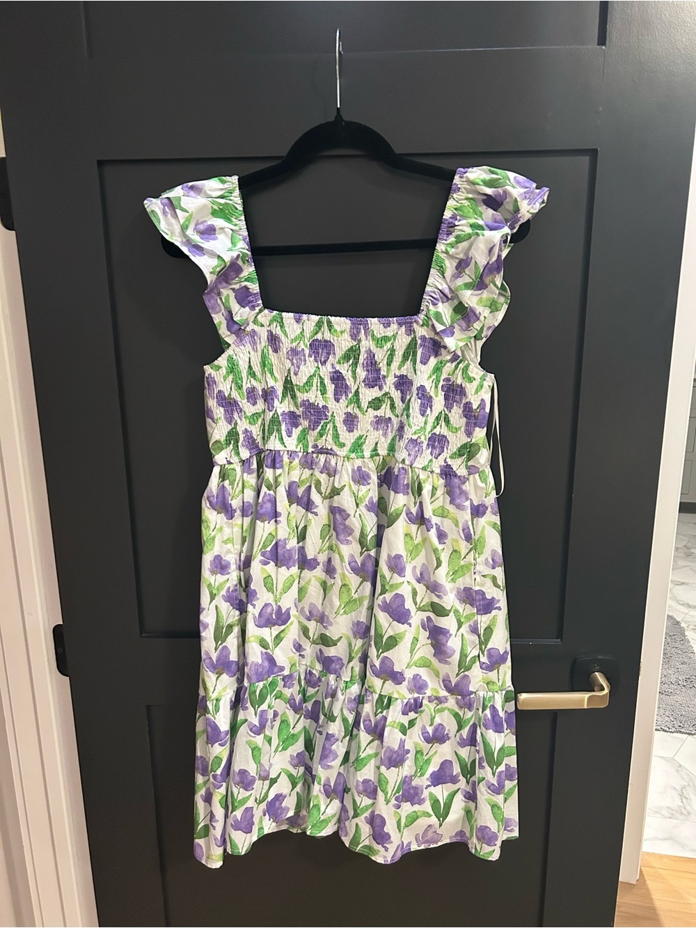 eesome Purple and Green Floral Smocked Mini Dress with Ruffle Straps